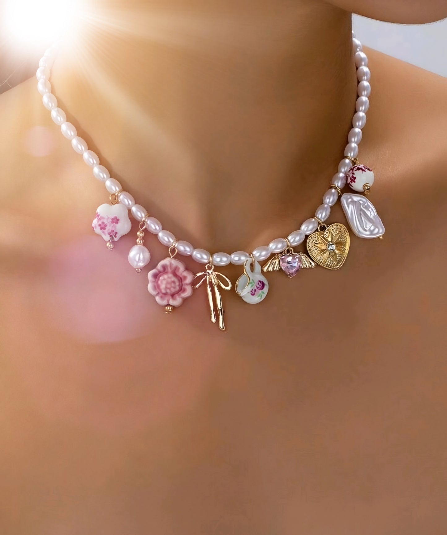 Garden Whimsy Pearl Charm Necklace