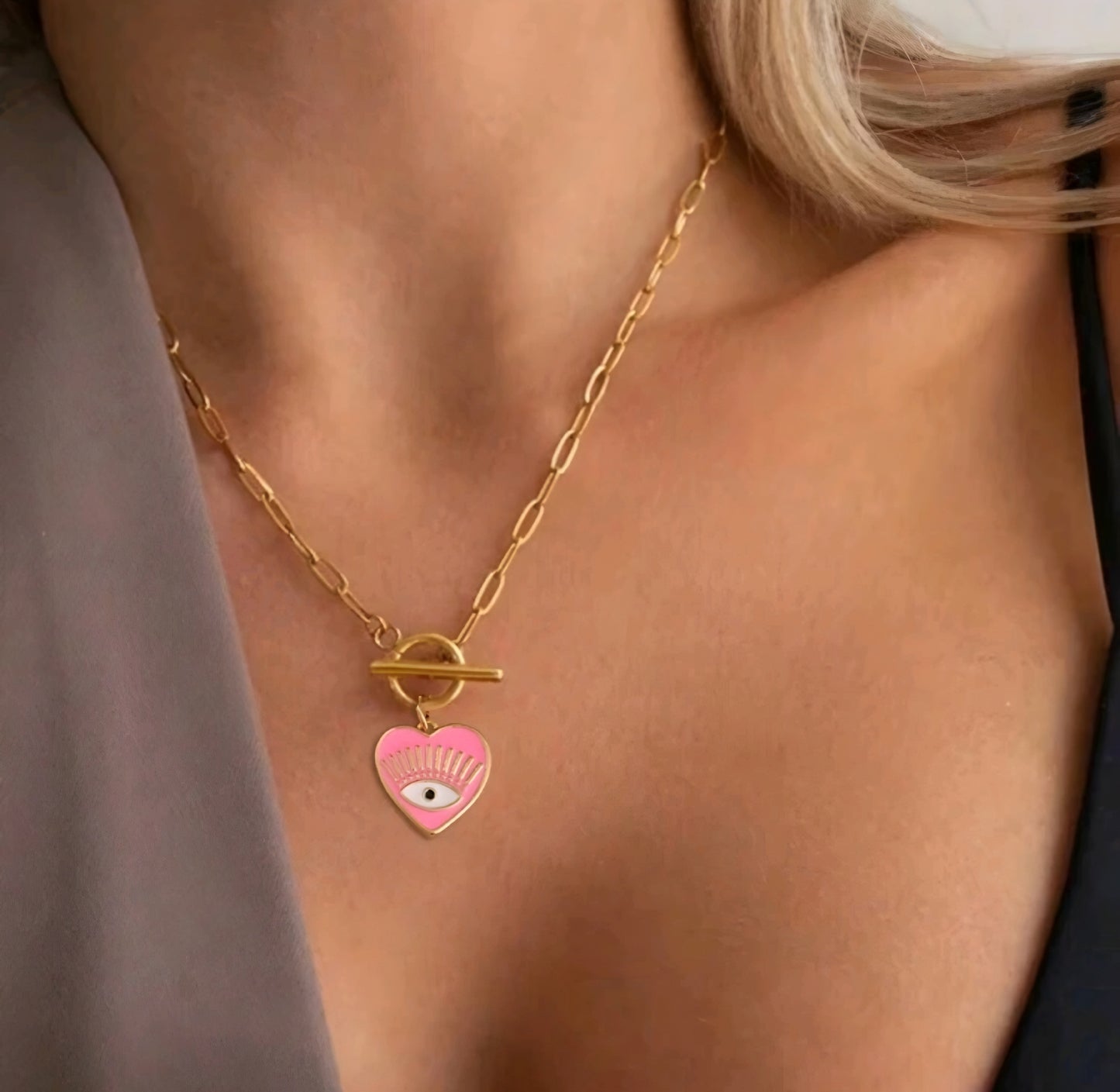 Pink Heart Evil Eye Necklace