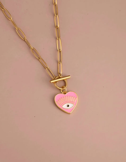 Pink Heart Evil Eye Necklace
